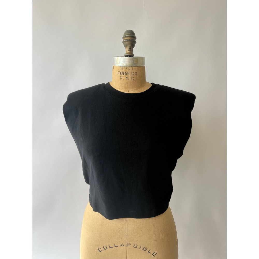AllSaints Mika Cropped Tank Black Padded Shoulder Sleeveless Top Small WM179U